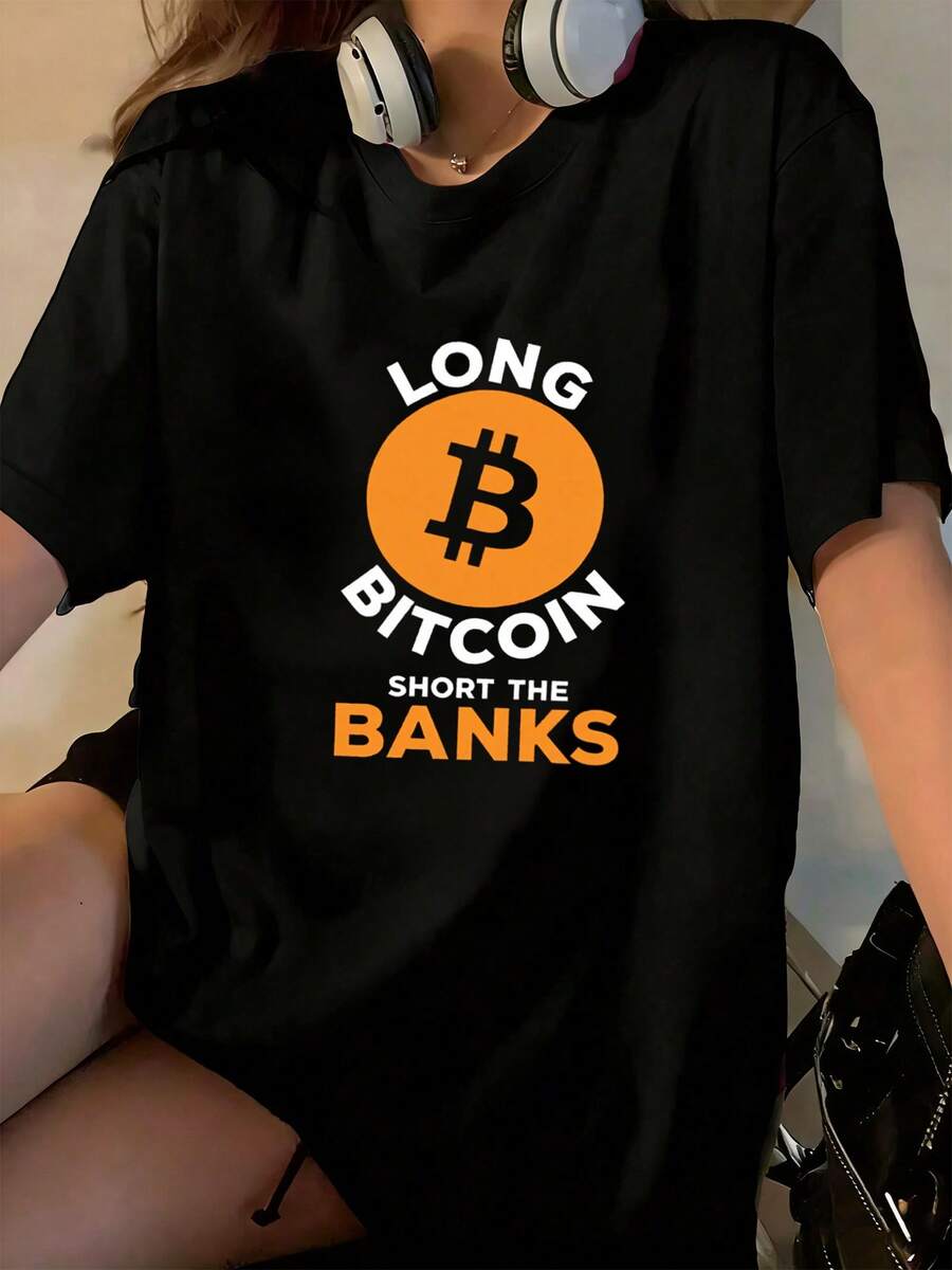 Playeras Joven Ajustada Sexy Fiesta Algodón Peinado Estampado negro estilo criptomoneda bitcoin logo naranja con texto long bitcoin short the banks ideal para jovenes traders inversionistas amantes de tecnologia y finanzas digitales - Negro - Ver 1