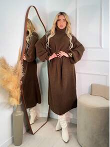 Women's Brown Winter Dress, Long Sleeve, Premium Mousse Knit, High Neck, Puff Sleeves, Flanged Stitch Detail, Elegant Women's Dresses, Casual Chic Fashion For Evening, Comfortable Fit, Modern Design, Autumn/Winter - 土棕色 - 查看 6