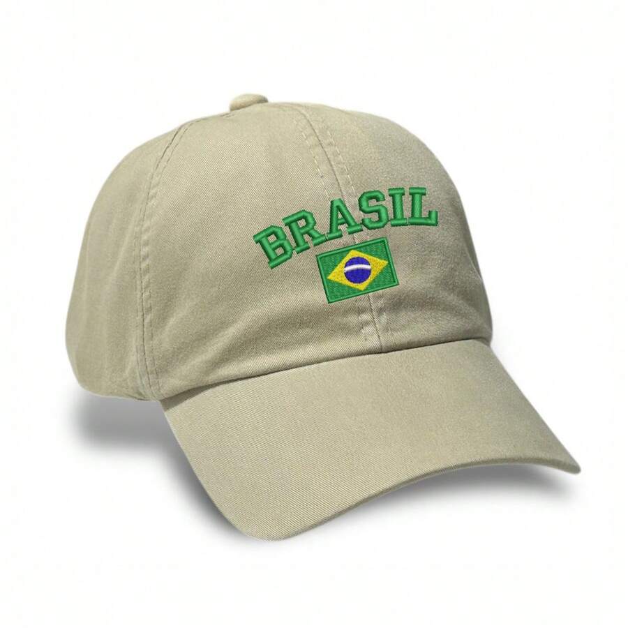 Unisex Dad Hat In 100% Cotton Twill With Curved Brim, Custom Embroidered "BRAZIL" With Brazilian Flag - 米色 - 查看 1