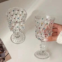 2只复古欧式波点高脚玻璃红酒杯，彩绘葡萄图案葡萄酒杯，高档白兰地香槟杯 - 透明 - 查看 11