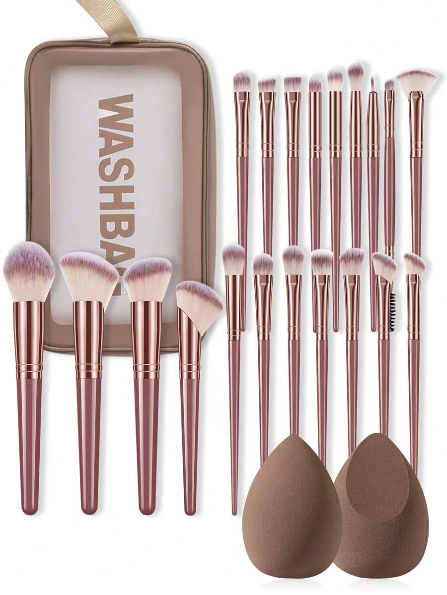 23pcs/1pc Full Makeup Brush Set Includes 20 Soft Makeup Brushes-Such As Translucent Powder Brush, Blush Brush, Contour Brush, Highlighter Brush, Foundation Brush, Nose Contour Brush, Eyeshadow Brush, Eyebrow Brush, Lip Brush, And Detail Brush-Plus 1 Travel Waterproof Makeup Bag And 2 Liquid Beauty Eggs. Ideal For Beginners, Professional Makeup Artists, And Novice Beauty Practice. - Coffee Brown - View 1