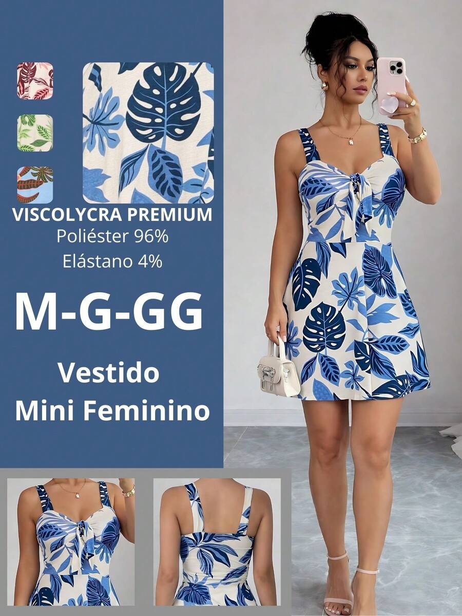 Women's Mini Dress, Loose Fit, Tropical Print, Blue, With Tie At The Bust, Adjustable Thin Straps, V-Neck, Defined Waist, Flared Skirt, Casual, Elegant, Summer, Beachwear, Travel, Vacation, Lightweight And Comfortable Look - 白色和藍色 - 查看 1