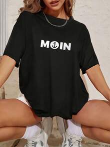Blusas Tops Mujer Dama Elegante Fiesta Manga Corta Basicas Algodón de alta calidad Ropa Blusas Negro estilo tipográfico marino tema minimalismo alemán texto MOIN con ancla para chicas jóvenes casuales expresando saludo costero relajado y fresco ideal para looks urbanos - Negro - Ver 1