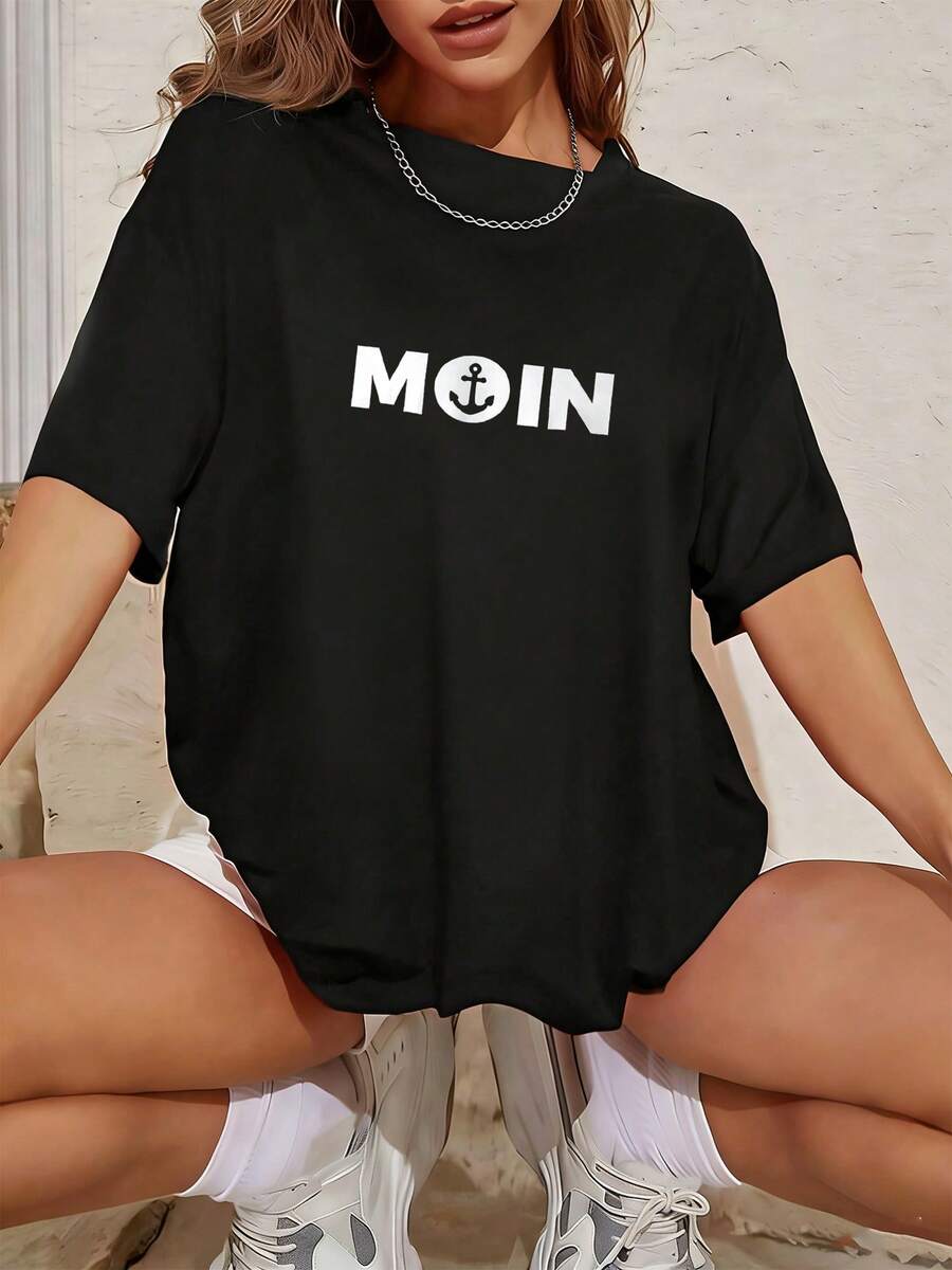 Blusas Tops Mujer Dama Elegante Fiesta Manga Corta Basicas Algodón de alta calidad Ropa Blusas Negro estilo tipográfico marino tema minimalismo alemán texto MOIN con ancla para chicas jóvenes casuales expresando saludo costero relajado y fresco ideal para looks urbanos - Negro - Ver 1