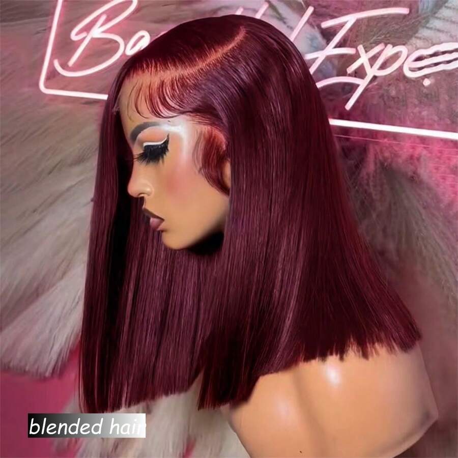 36英寸即戴即用无胶假发，真人发混纺，预先拔毛、预先修剪，带婴儿发，180密度，13x4高清蕾丝闭合假发，12A直发假发，适合初学者，99J酒红色 - S99J/BUG - 查看 1