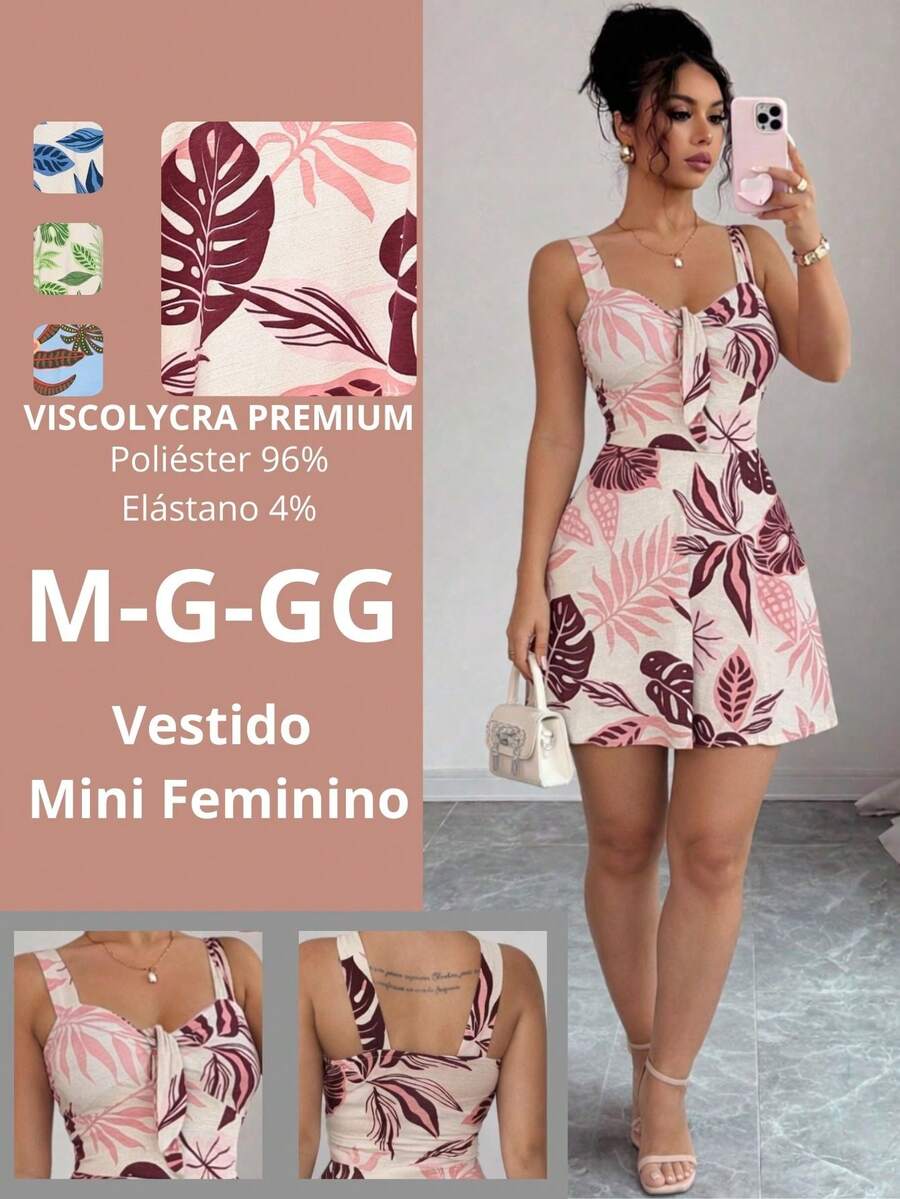 Women's Mini Dress, Loose Fit, Tropical Print, Blue, With Tie At The Bust, Adjustable Thin Straps, V-Neck, Defined Waist, Flared Skirt, Casual, Elegant, Summer, Beachwear, Travel, Vacation, Lightweight And Comfortable Look - 白葡萄酒 - 查看 1