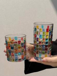 2 Sizes Bling Bling Rainbow Refractive Vintage Cups, Hand-Painted Checkered Woven Glass Water/Juice Cups - Color - View 3