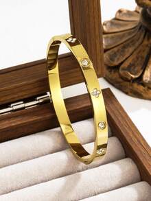 Set Gelang Wanita Stainless Steel Baru Berkualitas Tinggi dengan Hiasan Zirkonia Bunga, Cocok untuk Pemakaian Sehari-hari - Kuning Emas 14 - View 2