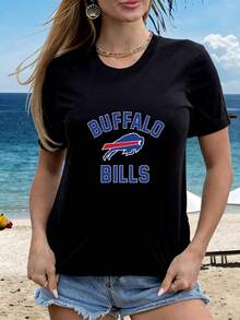 Playeras Gordita Largas Elegante De Vestir Algodón de alta calidad Clasicas Negro estilo deportivo Buffalo Bills logo búfalo azul y rojo texto grande fans de la  ideal para mujeres jóvenes aficionadas al futbol americano playa y ciudad - Negro - Ver 1