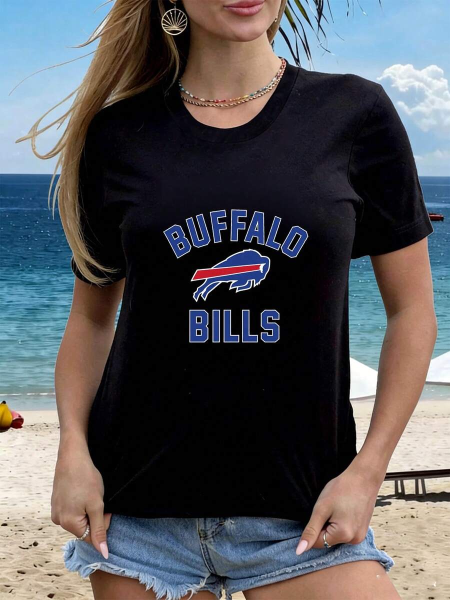 Playeras Gordita Largas Elegante De Vestir Algodón de alta calidad Clasicas Negro estilo deportivo Buffalo Bills logo búfalo azul y rojo texto grande fans de la ideal para mujeres jóvenes aficionadas al futbol americano playa y ciudad - Negro - Ver 1