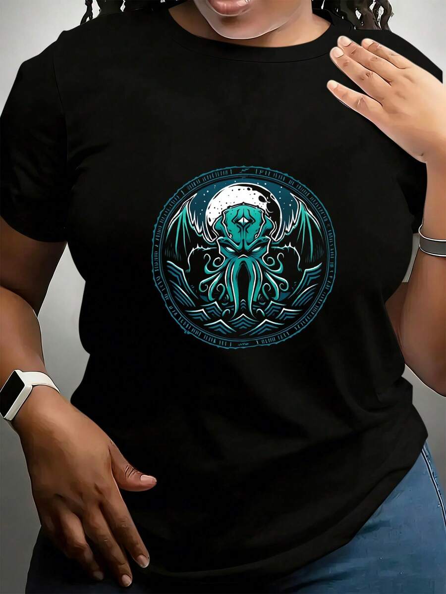 Blusas niñas con dibujo Bonitas verano Algodón Negro Estampado Cthulhu Lovecraft criatura marina alada con tentáculos frente a luna llena diseño redondo misterio y horror para fans góticos - Negro - Ver 1