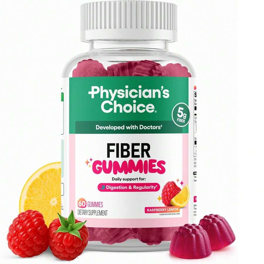 Physician's Choice Fiber Gummies For Digestive Health & Regularity - Raspberry Lemon Flavor - No Sugar Added & Vegan - Natural Chicory Root Prebiotic Fiber - Daily Gummy For Adults, Women & Men - 60CT Vitamins Supplements Chlorophyll Creatina Monohidratada Vitamins Probiotics For Women Protein Powder Quick Ship Items Creatina Colageno - 60CT - Xem 1