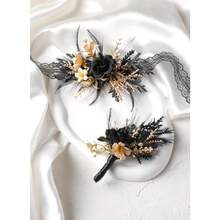 Corsage And Boutonniere Set - Black Wristlet For Men Prom Dark Wrist Corsage For Goth Wedding Ceremony - Black-gold - View 5