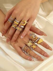 4/6/8pcs 18K Gold Plated Stainless Steel Rings Set, Assorted Designs Including Sunburst, Starfish, Circle Shapes, High Quality, Random Styles Shipped, Suitable For Women's Daily Stacking Decoration Or Gift, Comes With Gift Box Option - Gold and Silver - View 1