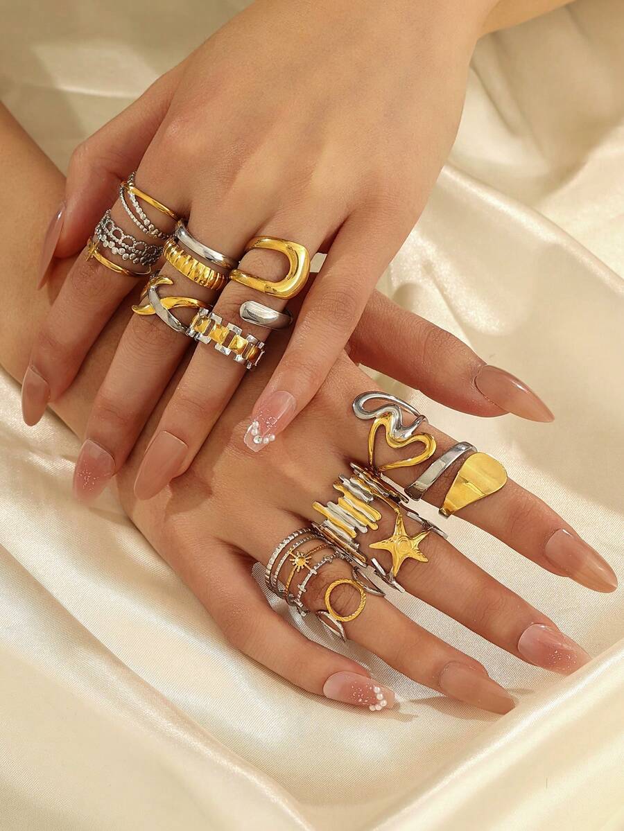 4/6/8pcs 18K Gold Plated Stainless Steel Rings Set, Assorted Designs Including Sunburst, Starfish, Circle Shapes, High Quality, Random Styles Shipped, Suitable For Women's Daily Stacking Decoration Or Gift, Comes With Gift Box Option - Gold and Silver - View 1