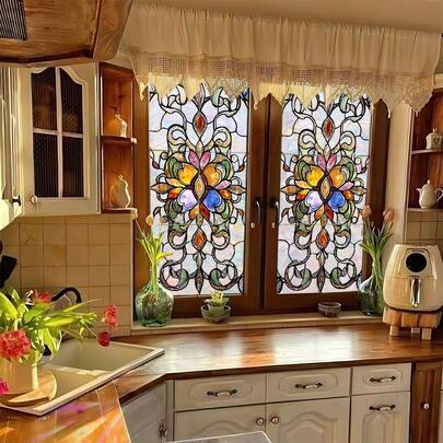 1 pieza Película de ventana de vidrio de colores, patrón de mosaico vintage, adhesivo de PVC con efecto de vidrio esmerilado, removible para decoración del hogar en ventanas, dormitorio, sala de estar, cocina