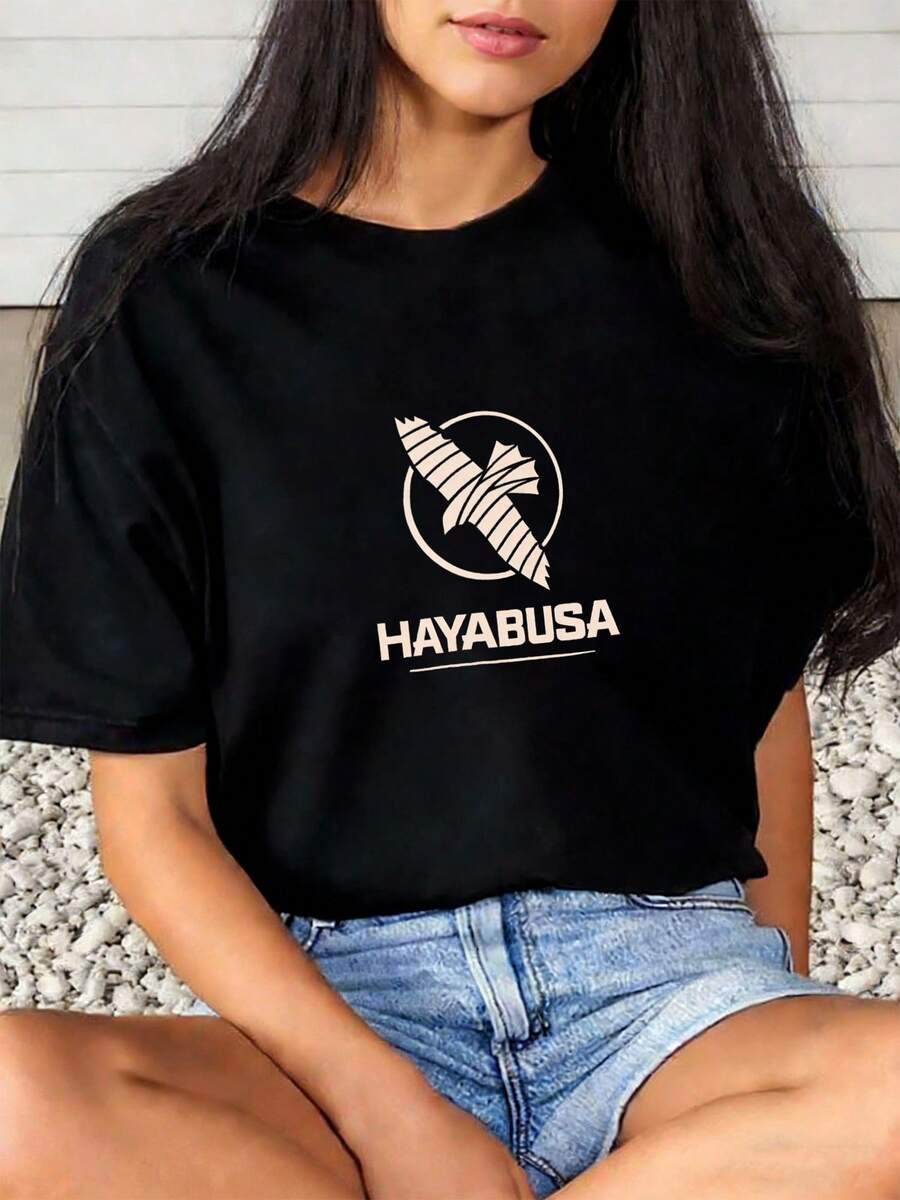 Camisetas Dama ajustada Sexy Fiesta Algodón Peinado Negro Ave Silueta Letra Japonesa Tema Anime Espíritu Luchador Mujer Casual Juvenil Moderna Urbana Inspiración Japón Motivación Estilo Callejero Juventud Dinámico Atractivo - Negro - Ver 1