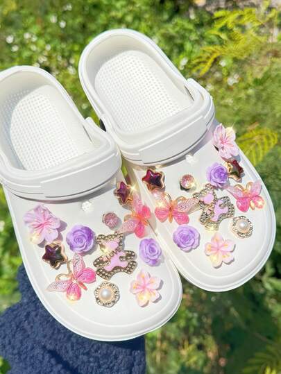22 piezas de Clips para zapatos con diseños de oso morado, mariposa, flor y estrella, accesorios decorativos multifuncionales para sandalias, pantuflas, bolsas de playa de mujeres, adecuados para regalos de vacaciones y cumpleaños