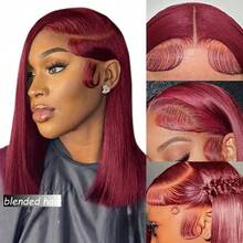 36英寸直发混纺真人发13x4蕾丝前额假发，骨直，13x4透明蕾丝前额假发，女士真人混纺直发，告别打结假发，180密度，99J酒红色 - S99J/BUG - 查看 5