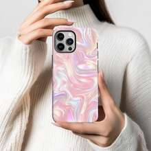 Holographic Swirl Phone Case Iridescent Marble Aesthetic Shiny Pastel Protective Cover Compatible With IPhone 17 16e 15 Plus 14 13 12 11 Pro Max - Pink - View 3