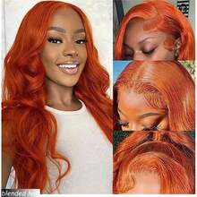 34英寸360度波浪卷全蕾丝前假发，真人发混纺，180密度高清透明蕾丝前假发，真人发混纺，13x4蕾丝前假发，真人发混纺，预先拔毛并带有婴儿绒毛，适合女性，姜橙色，350号 - S350 - 查看 1