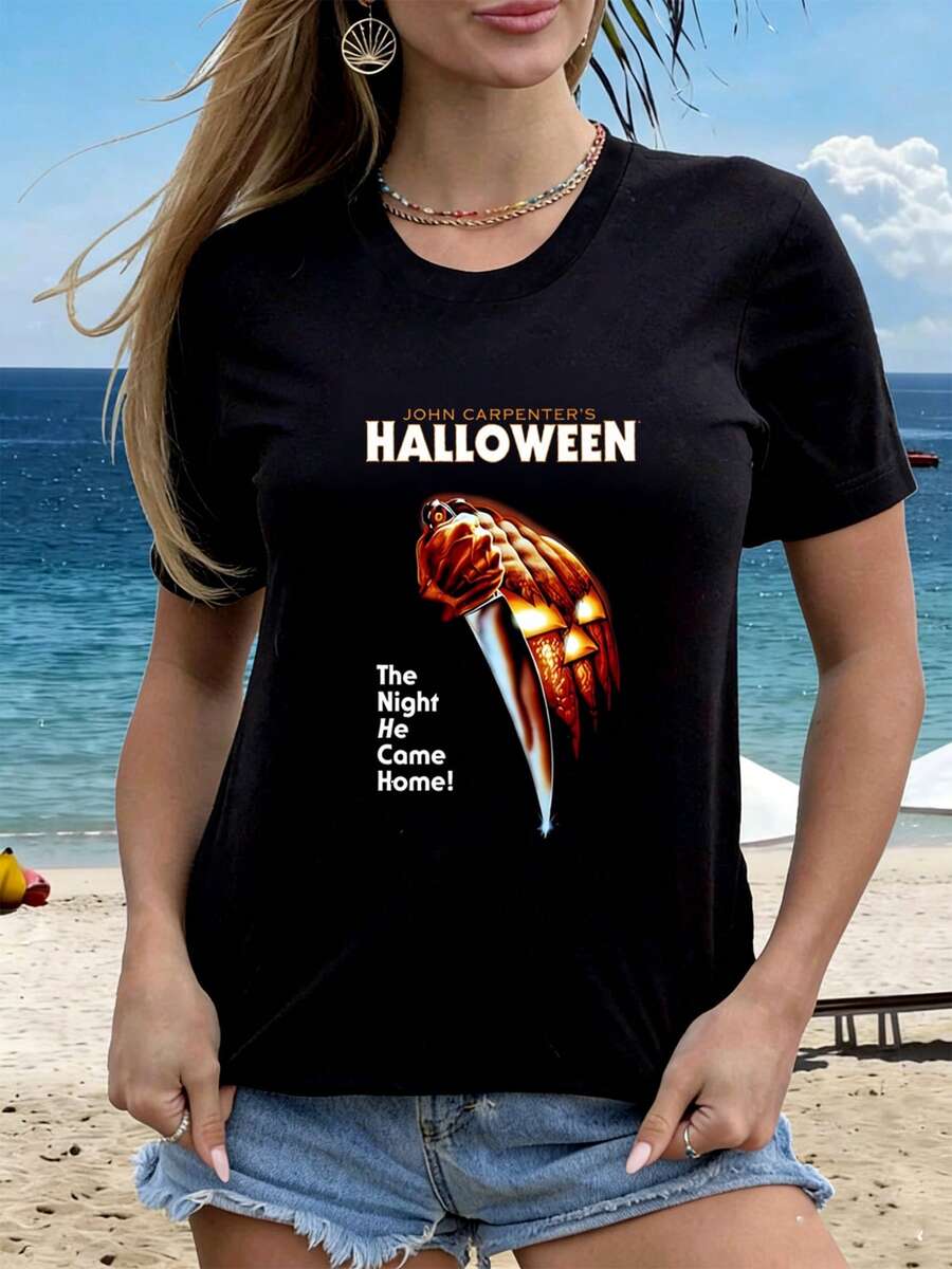 Camisetas De Mujer Casual De Algodón Con Estampado De Verano negro estilo vintage pelicula halloween michael myers mano con cuchillo y calabaza iluminada texto the night he came home terror retro ideal fans cine horror - Negro - Ver 1