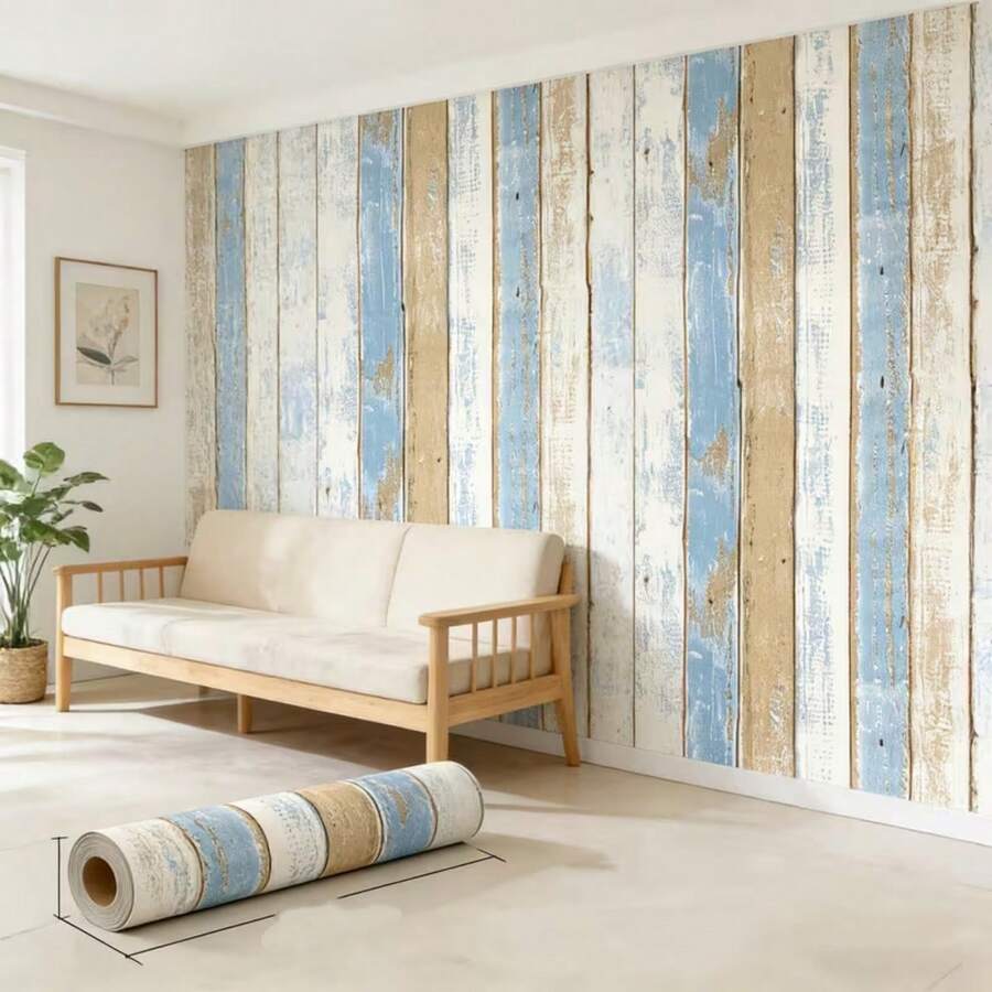 1 Roll Ocean Blue Wood Grain Wallpaper, 17.7inX39.3/118.1/196.8in, Waterproof Self-Adhesive Film With Wood Texture, Suitable For Bathroom, Bedroom Coastal Style Decor, Removable Self-Adhesive Wall Covering, Beach Bathroom Decor