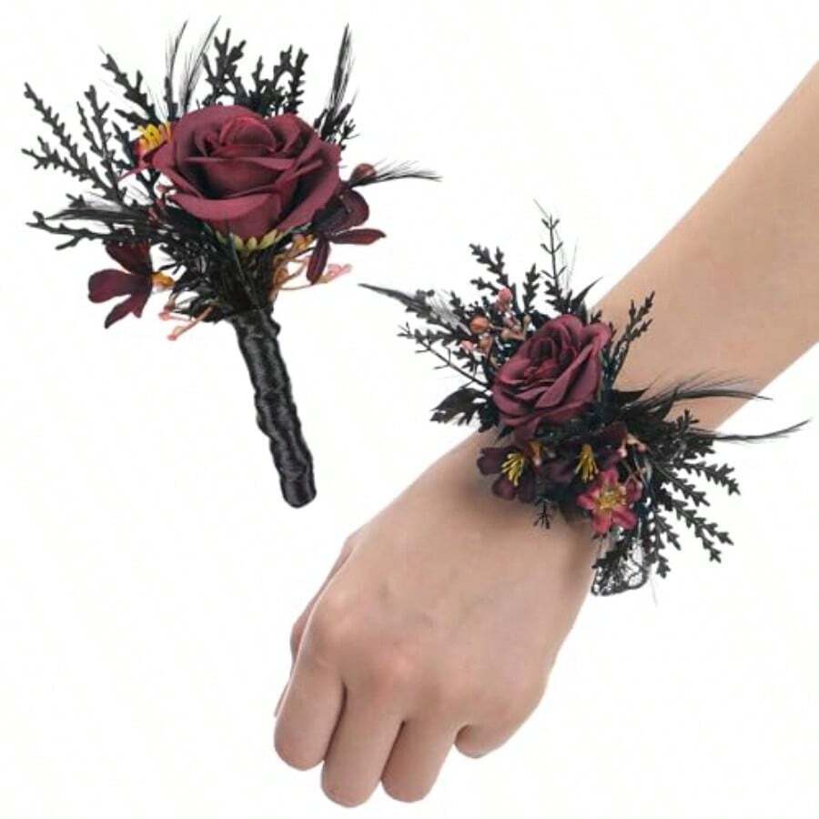 Corsage And Boutonniere Set - Black Wristlet For Men Prom Dark Wrist Corsage For Goth Wedding Ceremony - 黑紅 - 查看 1