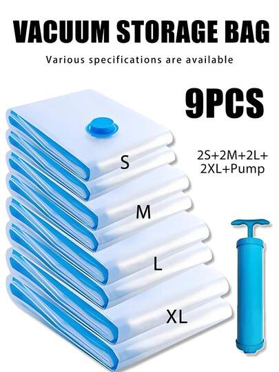 1/5/9/10 st vakuumkompressionspåsar, moderna vakuumförvaringspåsar för hushåll, lufttäta förslutningspåsar, förvaringspåsar med stor kapacitet, vakuumreseorganiseringspåsar, vakuumförslutningspåsar med dubbla dragkedjor och trippel turbinventil. Vikbara för att maximera platsbesparing, lämpliga för säsongskläder, jackor, skjortor, klänningar etc.