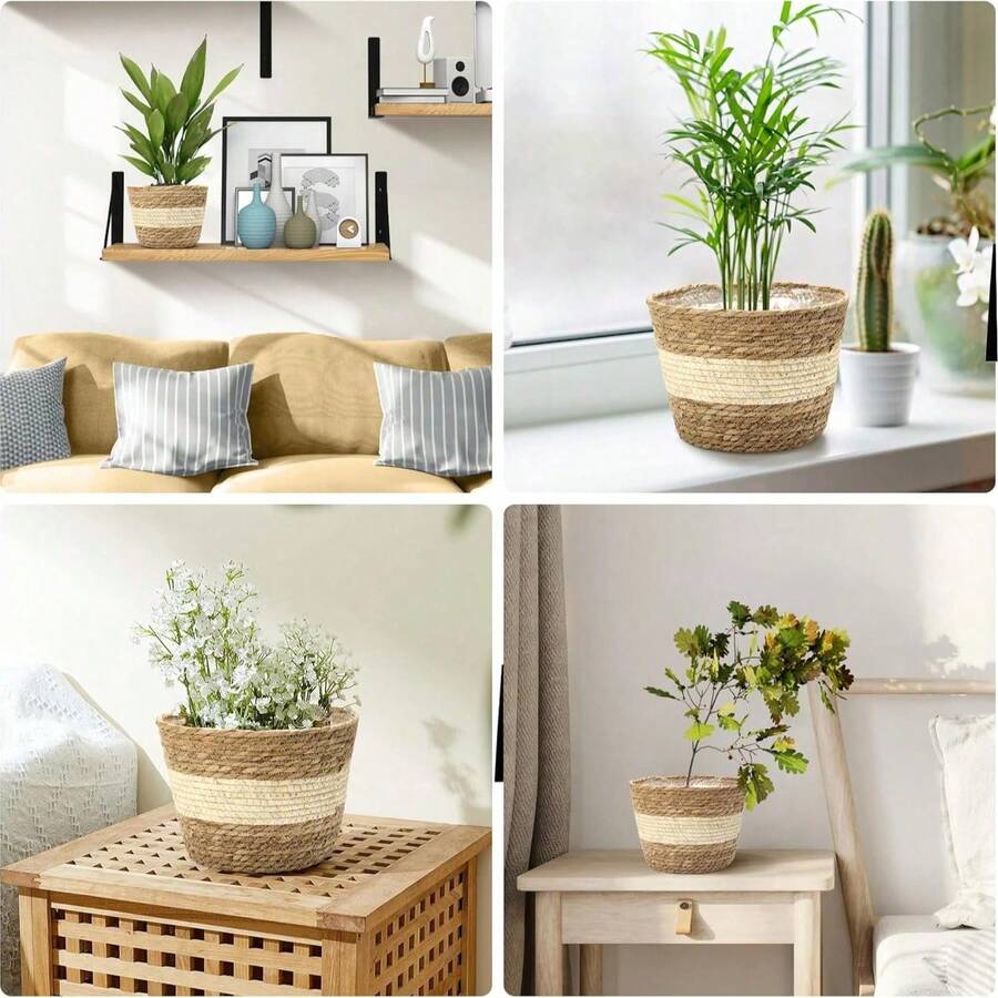 1pc Handwoven Seagrass Storage Basket With Plastic Lining, Multi-Purpose Decorative Organizer Basket, Suitable For Indoor/Outdoor, Balcony, Living Room, Bedroom, Patio, Garden, Laundry Room, Tabletop, Countertop, Can Store Toys, Towels, Cosmetics, Books, Plants, Minimalist Natural Style, Space-Saving - A - View 1