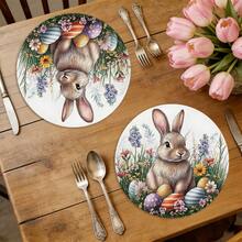 4pcs Spring Rabbit Tableware Set, Polyester Round Placemats, Hand Wash, Non-Slip, Washable, Easter Flower & Rabbit Pattern, Suitable For Home, Kitchen, Party, Restaurant Decor, Size 15 Inches - Multicolor - View 9