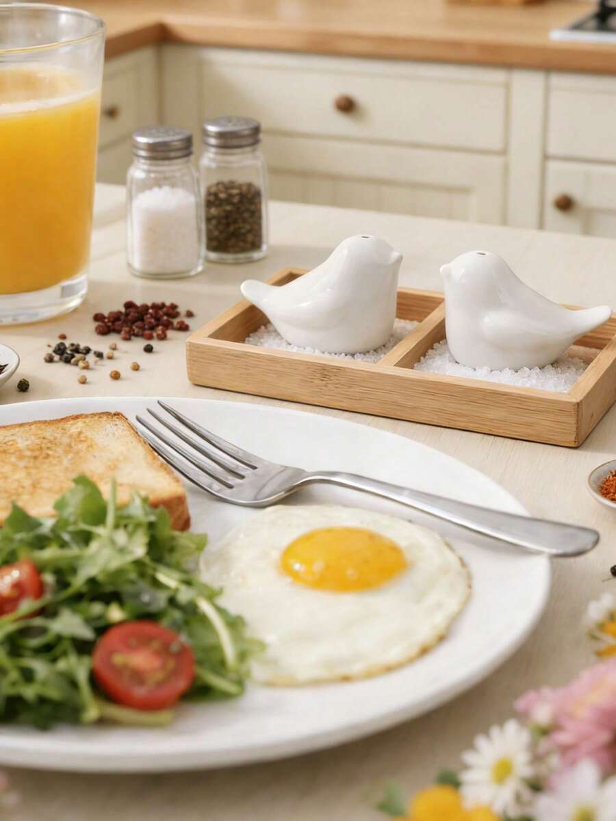 2件套白色小鸟造型陶瓷盐瓶和胡椒瓶，纹理釉面，礼盒包装，适用于厨房、餐厅、派对、乔迁、情人节、生日等场合的礼物 - 白色 - 查看 1