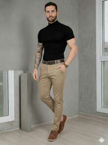 Men's Smart Casual Trousers, Premium Satin Fabric, Tailored Style, Welt Pockets - Camel - View 1