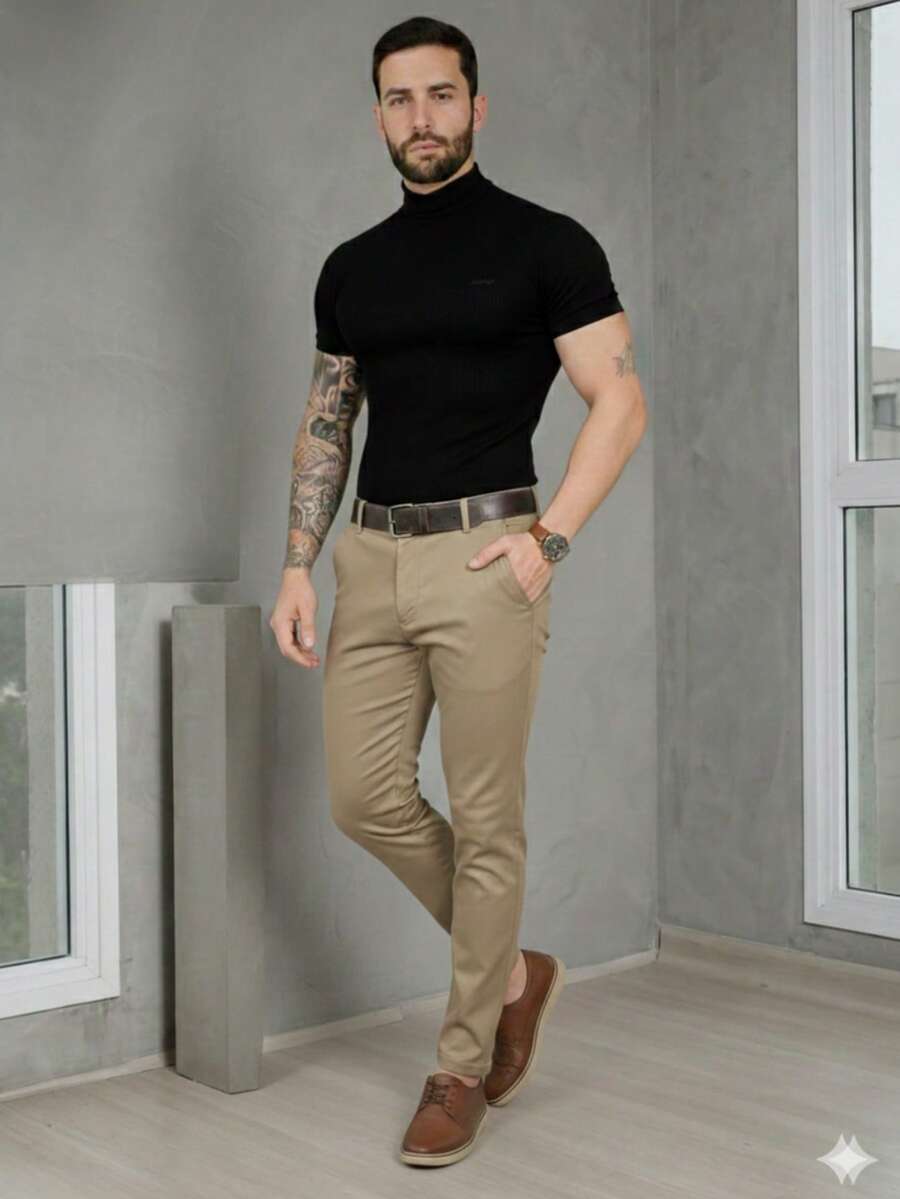 Men's Smart Casual Trousers, Premium Satin Fabric, Tailored Style, Welt Pockets - Camel - View 1