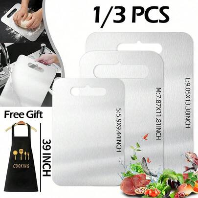 1/3pcs Stainless Steel Cutting Board, Multi-Size Chopping Board, Kitchen Cutting Board, Non-Stick Metal Cutting Board Suitable For Fruits And Vegetables, Ideal For Various Cooking Tasks