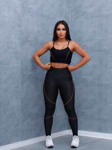 Women's Black Fitness Set With Striped Detail In Assorted Colors Black Sports Set - Orange - View 3