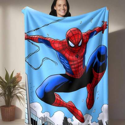 Marvel This Is A -Themed Flannel Blanket, With The Background Of The New York City Skyline Under A Blue Sky And White Clouds. The Overall Tone Is Bright And Energetic, Highlighting The Charm Of The Superhero. It Has The Features Of Warmth And Softness, And Can Be Used As A Sofa Cover, Nap Blanket, Or Bedding Decoration.