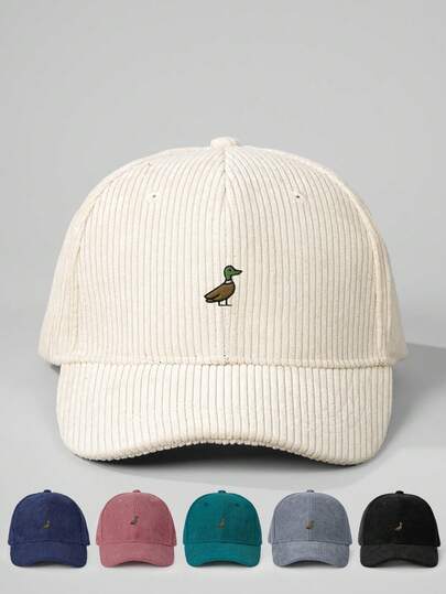1pc Embroidered Green-Headed Duck Corduroy Baseball Cap, Adjustable Outdoor Sun Protection Casual Hat Suitable For Autumn/Winter Travel Beach, Y2K Style For Young Men