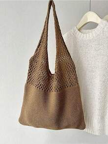 Women's Tote Bag, Back To School Crochet Woven Bag, Large Women's Handbag, Women's Knitted Shoulder Bag, Crochet Woven Bag, Girls' Crochet Woven Bag, Summer Beach Tote Bag, Large Capacity Student Summer Tote Bag, Women's Beach Sand-Resistant Knitted Shoulder Bag, Vintage Hollow Floral Decor Supermarket Shopping Handbag - Camel - View 8