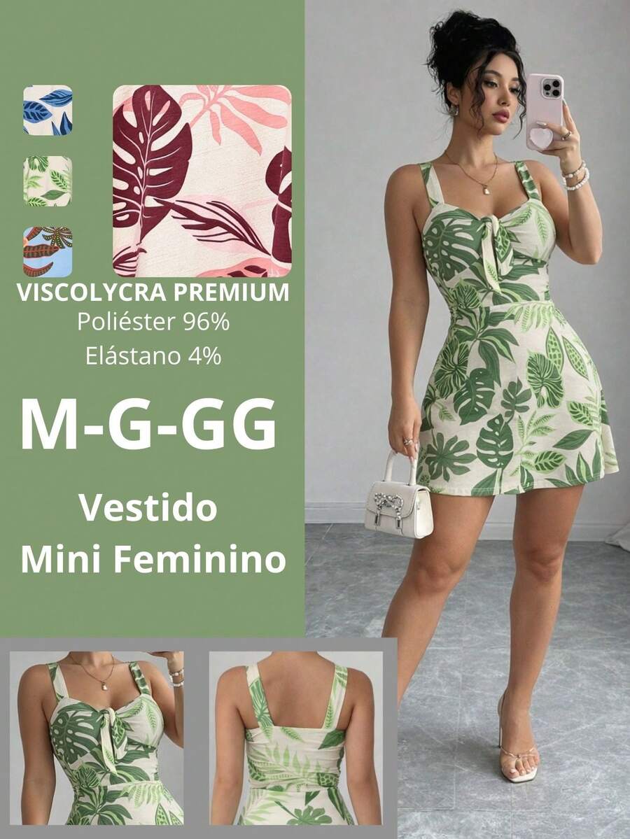 Women's Mini Dress, Loose Fit, Tropical Print, Blue, With Tie At The Bust, Adjustable Thin Straps, V-Neck, Defined Waist, Flared Skirt, Casual, Elegant, Summer, Beachwear, Travel, Vacation, Lightweight And Comfortable Look - 白色和綠色 - 查看 1