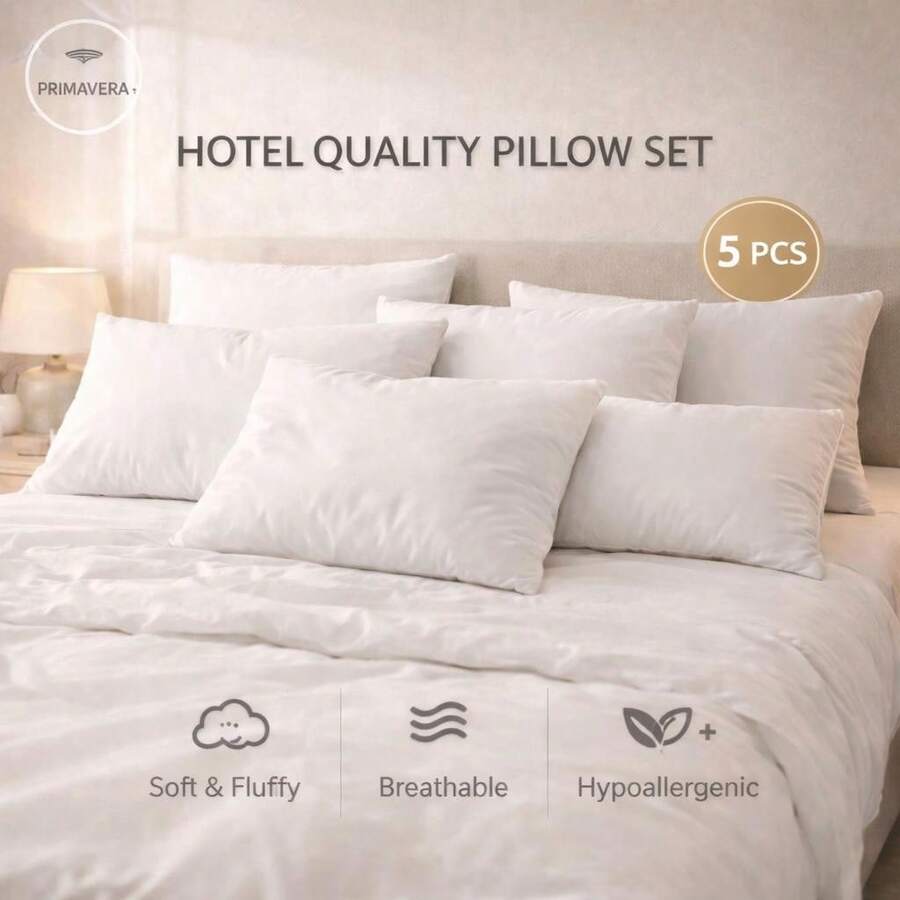 Hotel Collection 5 Pcs Pillow Set 50x70 Cm – Luxury Soft Microfiber Filling, Breathable & Hypoallergenic, Hotel Quality Bed Pillows For Bedroom – Made In Turkey - White - View 1