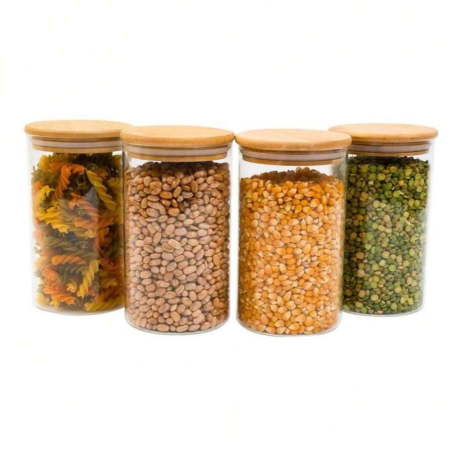 Kit 4 Glass Jars 1.1L Round Airtight Bamboo Lid - - Trong sáng - Xem 1