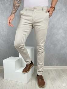 Men's Smart Casual Trousers, Premium Satin Fabric, Tailored Style, Welt Pockets - 淺米色 - 查看 5