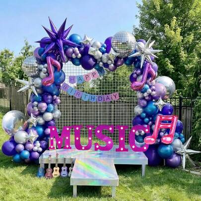 128pcs Music Hunter Theme K-POP Balloon Arch Set, Including Exploding Stars, Disco Stars, Star-Shaped And Music Note-Shaped Foil Balloons. Suitable For Dance Party Decoration, Bachelor Party And Disco Theme Events. Metallic Disco Party Decorations With Disco Ball Stars, Suitable For Decorating Galaxy Music Theme Birthday Party, Gender Reveal Party, Bachelor Party, New Year Music Theme Party, Prom And More.