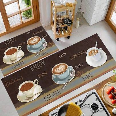 1pc Coffee Pattern Rug, Polyester Drainage Mat, Suitable For Kitchen, Living Room, Entrance, Balcony, Home Decor, Stain Resistant, Coffee Shop, Bar, Holiday, Party, Bedroom, Bathroom Decor