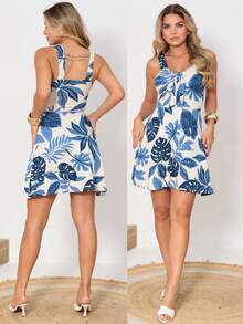 Women's Mini Dress, Loose Fit, Tropical Print, Blue, With Tie At The Bust, Adjustable Thin Straps, V-Neck, Defined Waist, Flared Skirt, Casual, Elegant, Summer, Beachwear, Travel, Vacation, Lightweight And Comfortable Look - 白色和藍色 - 查看 8