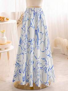 Đầm maxi dáng chữ A xếp ly phong cách Bohemian dành cho nữ, được làm từ vải polyester không co giãn với họa tiết hoa màu xanh và trắng. - Xanh và trắng - Xem 1