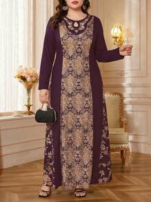 Solessence Plus Size Elegant Vintage Print Patchwork Dress - Purple - View 1