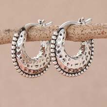 Crescent Moon Shaped Hammered Copper Bead Drop Earrings - Antique Silver - View 3