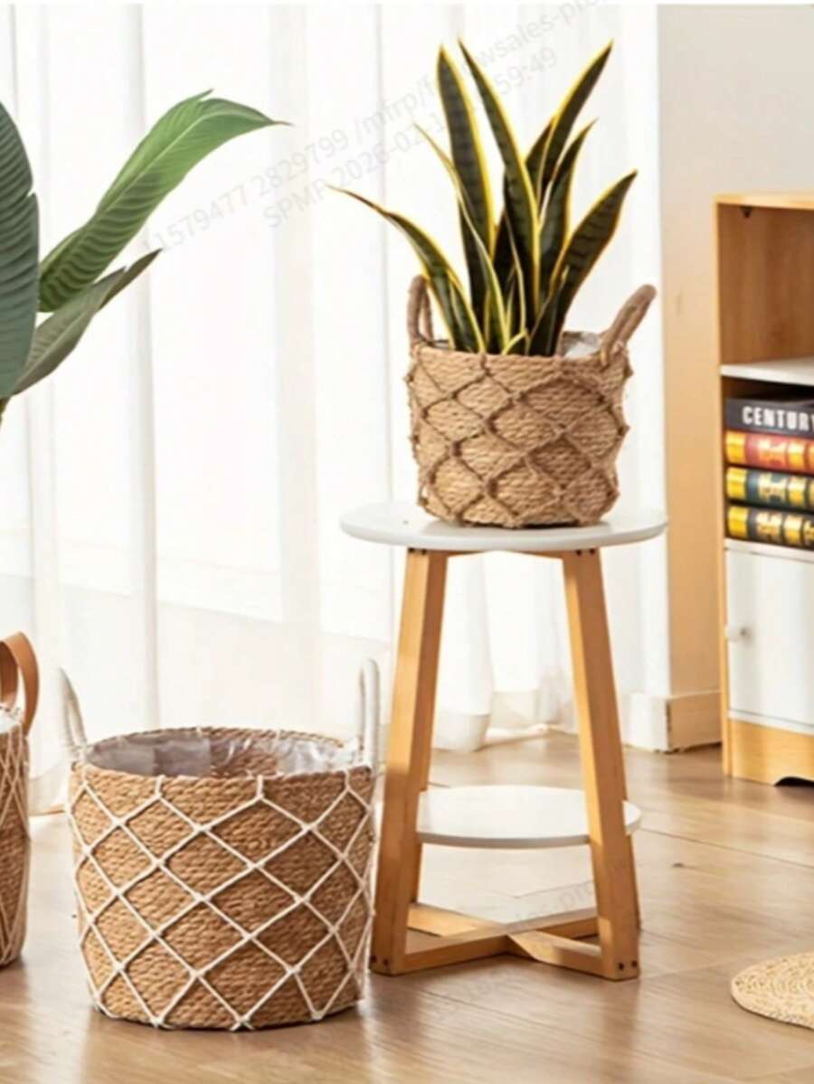 1个手工编织海草收纳篮,带塑料内衬,多用途装饰收纳篮,适用于室内/室外、阳台、客厅、卧室、露台、花园、洗衣房、桌面、台面,可收纳玩具、毛巾、化妆品、书籍、植物等,简约自然风格,节省空间 - A - 查看 1